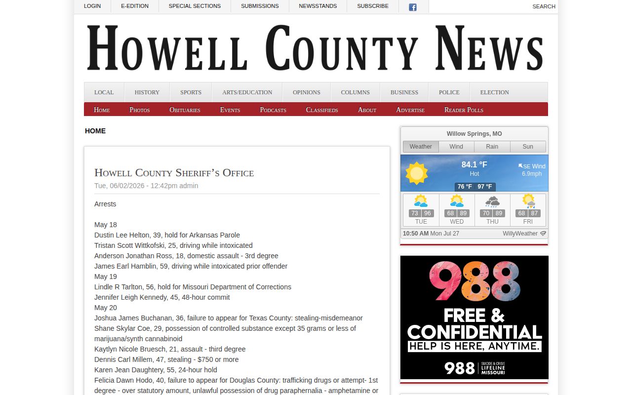 Howell County 72-hour release sheriff blotter example