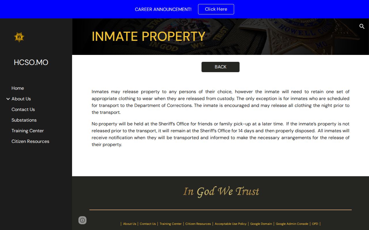 Howell County Adult Detention Center release clothing and property policy