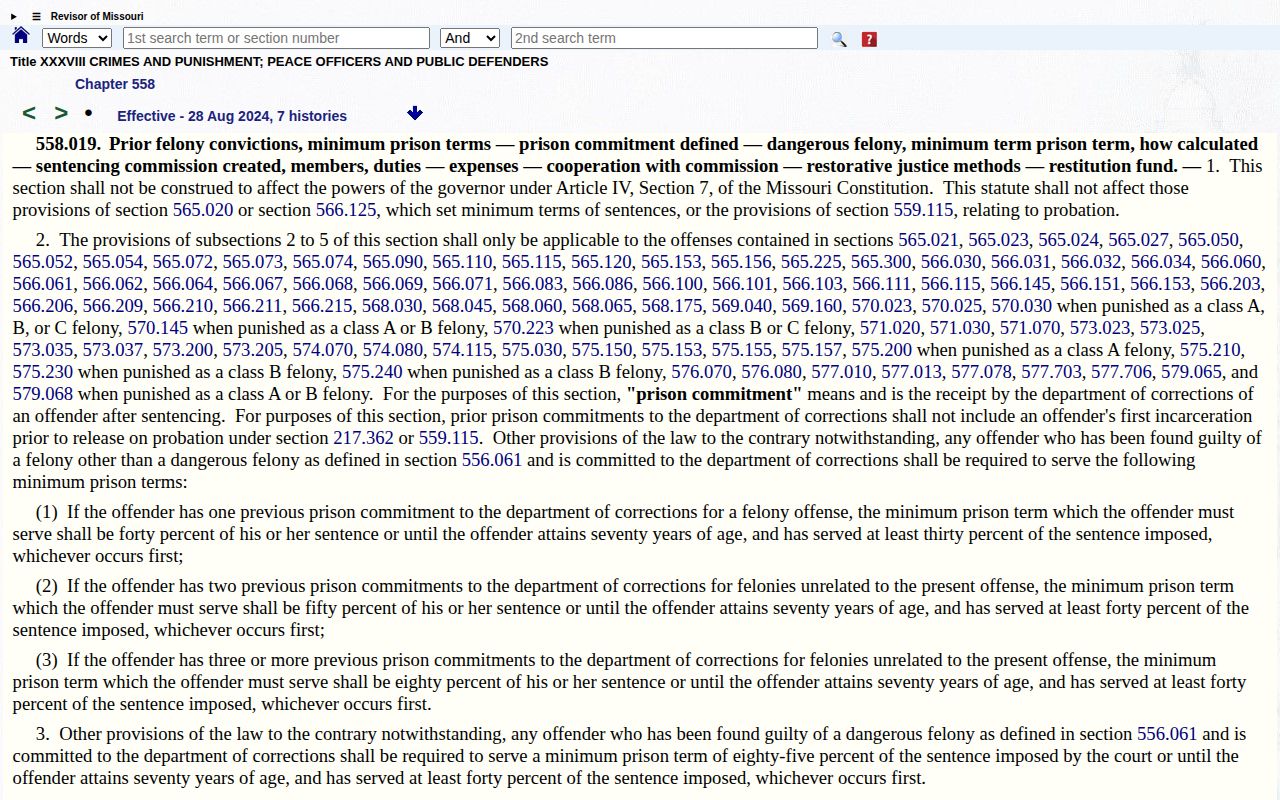 Howell County release date lookup Missouri minimum prison term law