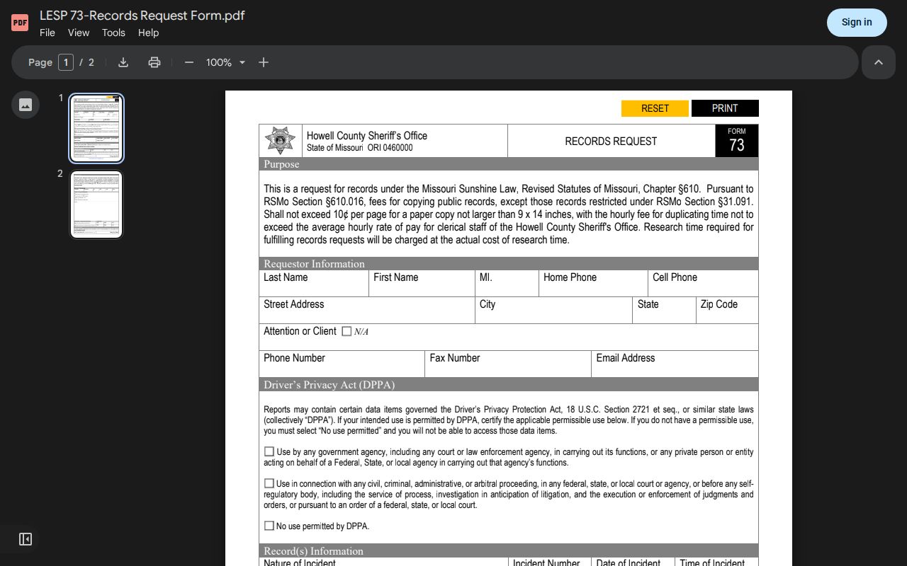 Howell County released inmate mugshot LESP 73 request form