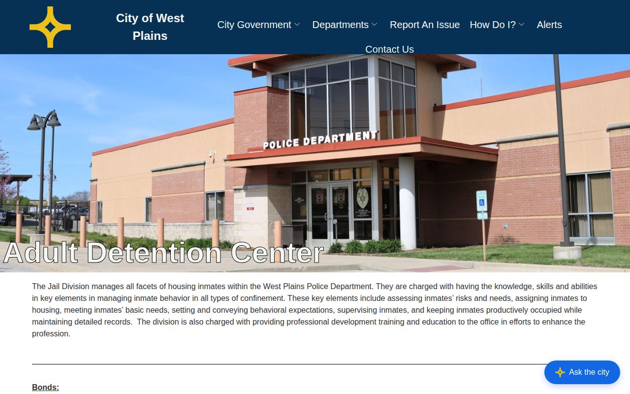 West Plains Police Adult Detention Center release lookup facility page